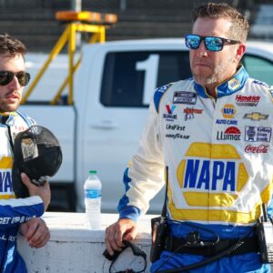 NASCAR Cup Series driver Chase Elliott (9) (left) with his crew chief Alan Gustafson prior to the NASCAR Cook Out Southern 500 at Darlington Raceway.