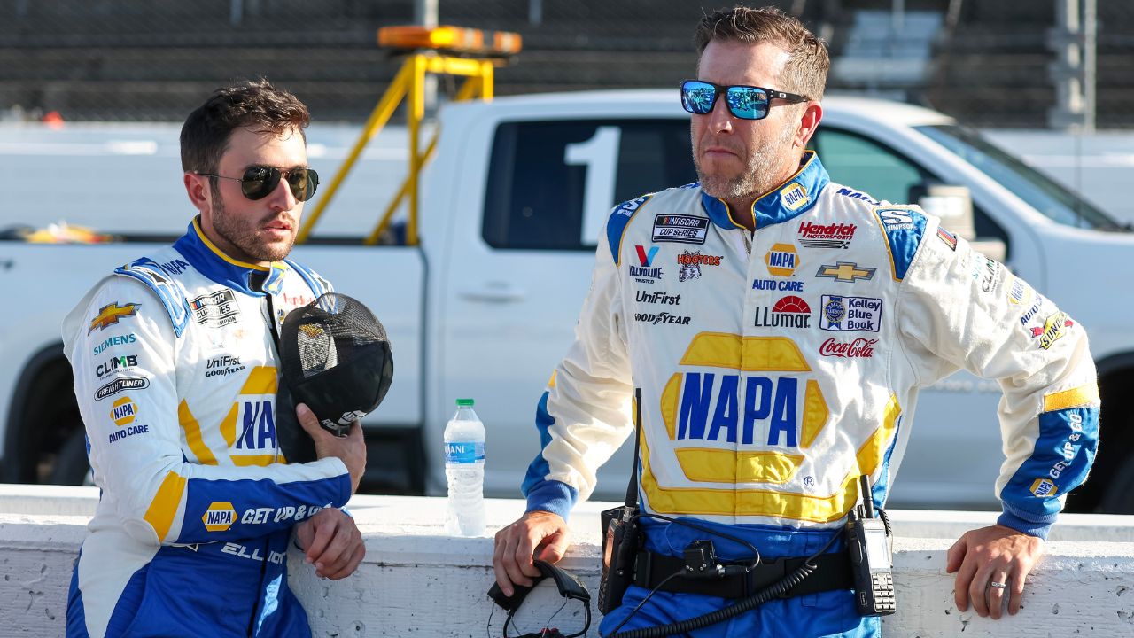 NASCAR Cup Series driver Chase Elliott (9) (left) with his crew chief Alan Gustafson prior to the NASCAR Cook Out Southern 500 at Darlington Raceway.