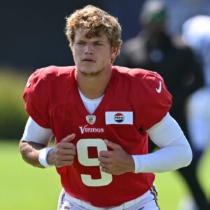 Minnesota Vikings quarterback J.J. McCarthy (9) warms up during practice at Vikings training camp in Eagan, MN.