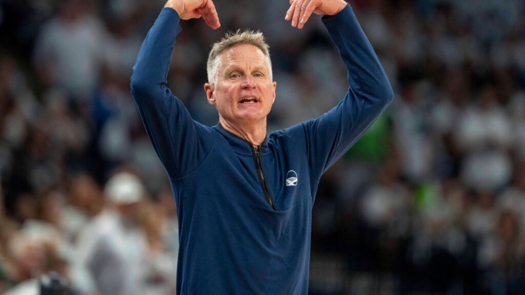Golden State Warriors head coach Steve Kerr reacts against the Minnesota Timberwolves in the second half during game five of the second round for the 2025 NBA Playoffs at Target Center.