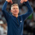 Golden State Warriors head coach Steve Kerr reacts against the Minnesota Timberwolves in the second half during game five of the second round for the 2025 NBA Playoffs at Target Center.