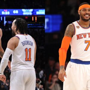 Karl-Anthony Towns and Jalen Brunson (L), Carmelo Anthony (R)