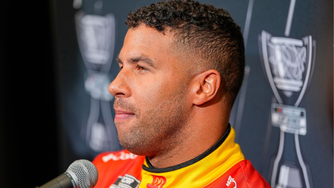 Bubba Wallace answers questions from the media during NASCAR Cup Series Playoff Media Day at Charlotte Convention Center.