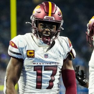 Washington Commanders wide receiver Terry McLaurin (17) celebrates a first down against Detroit Lions during the second half of the NFC divisional round at Ford Field in Detroit on Saturday, Jan. 18, 2025.