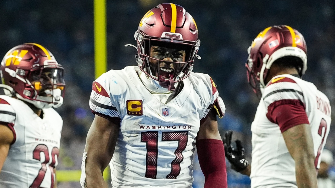 Washington Commanders wide receiver Terry McLaurin (17) celebrates a first down against Detroit Lions during the second half of the NFC divisional round at Ford Field in Detroit on Saturday, Jan. 18, 2025.