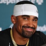 Philadelphia Eagles quarterback Jalen Hurts (1) reacts as he addresses media during training camp at NovaCare Complex.
