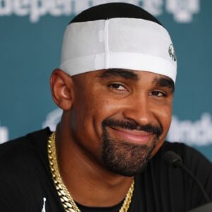 Philadelphia Eagles quarterback Jalen Hurts (1) reacts as he addresses media during training camp at NovaCare Complex.