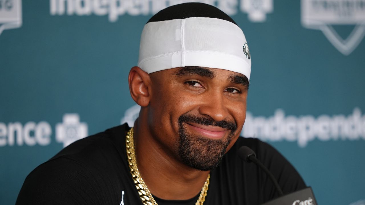 Philadelphia Eagles quarterback Jalen Hurts (1) reacts as he addresses media during training camp at NovaCare Complex.