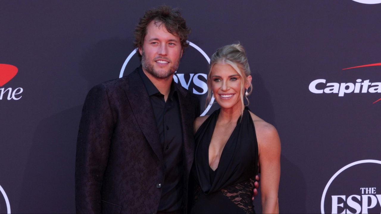Los Angeles Rams quarterback Matthew Stafford (left) and wife Kelly Stafford pose on the ESPYs red carpet at the Dolby Theatre.