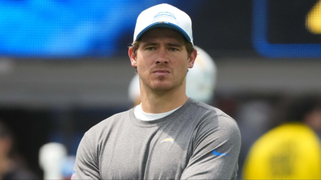 Los Angeles Chargers quarterback Justin Herbert watches during the game against the New Orleans Saints at SoFi Stadium.