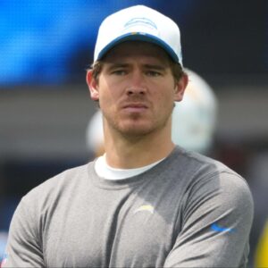 Los Angeles Chargers quarterback Justin Herbert watches during the game against the New Orleans Saints at SoFi Stadium.