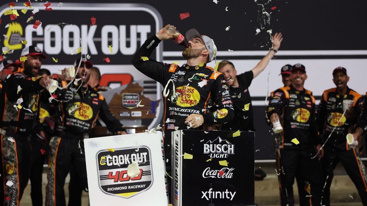 NASCAR Cup Series driver Austin Dillon (3) celebrates in victory lane after winning the Cook Out 400 at Richmond Raceway.