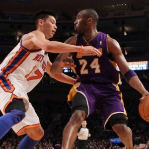 eremy Lin of the New York Knicks defends against Kobe Bryant (24) of the Los Angeles Lakers at Madison Square Garden in New York The Knicks knocked off the Lakers, 92-85