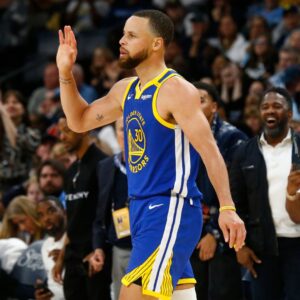 Apr 1, 2025; Memphis, Tennessee, USA; Golden State Warriors guard Stephen Curry (30) reacts during the fourth quarter against the Memphis Grizzlies at FedExForum.