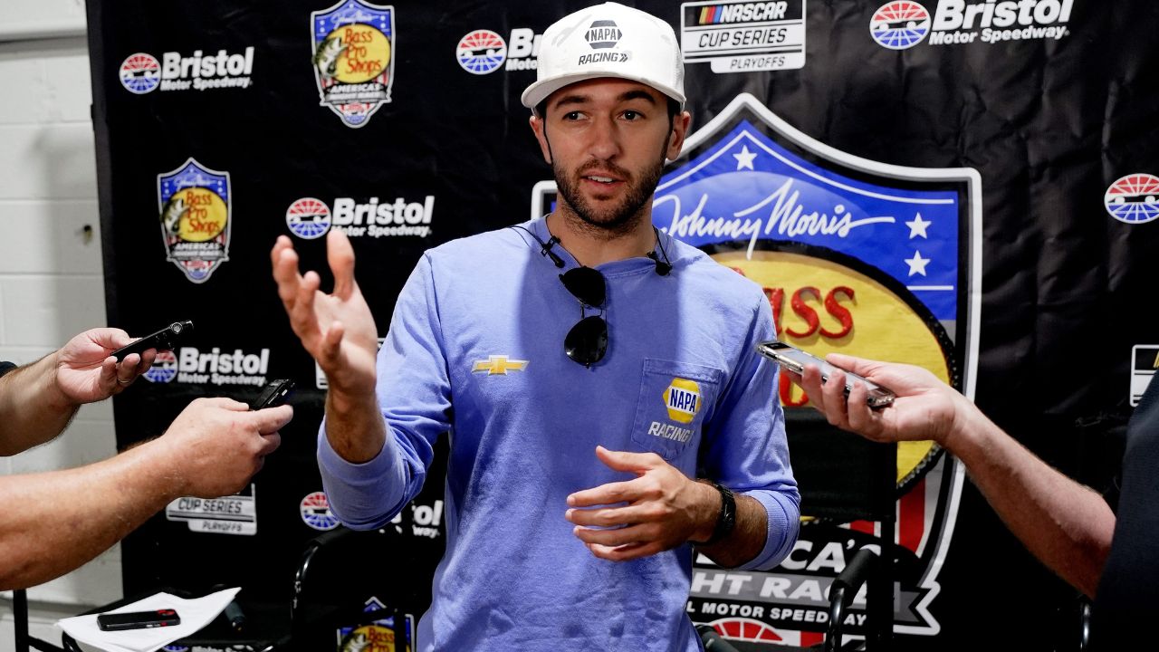 NASCAR Cup Series driver Chase Elliott speaks with members of the media at the K1 Speed indoor kart racing facility Tuesday, Aug. 19, 2025, in Nashville, Tenn.