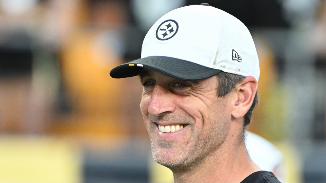 Pittsburgh Steelers quarterback Aaron Rodgers (8) watches introductions during a game against the Tampa Bay Buccaneers at Acrisure Stadium.