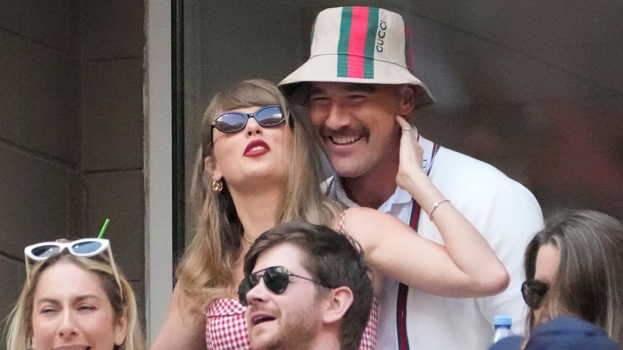 Recording artist Taylor Swift and Kansas City Chiefs tight end Travis Kelce talk during the men’s singles final of the 2024 U.S. Open tennis tournament at USTA Billie Jean King National Tennis Center.