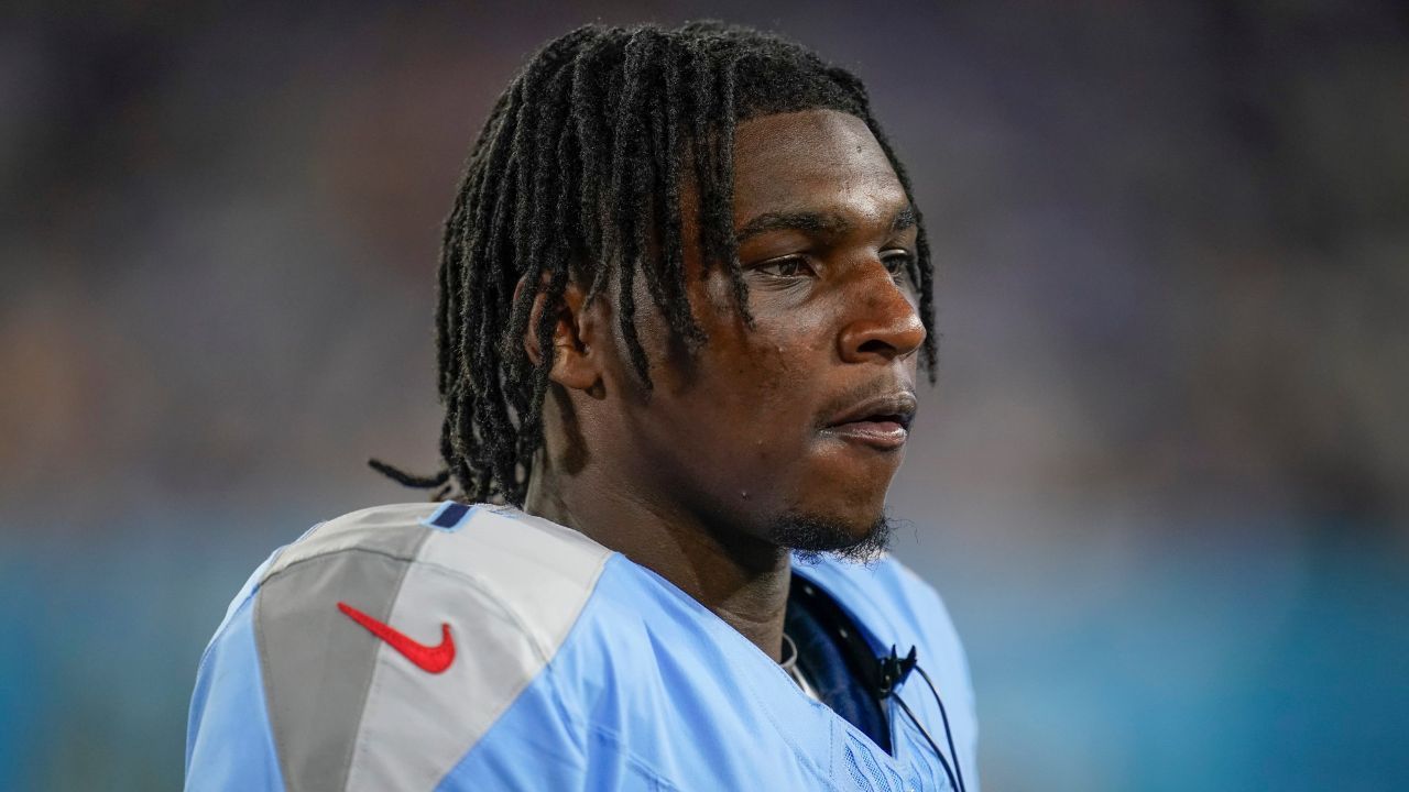 Tennessee Titans quarterback Cam Ward (1) watches from the sidelines during the third quarter of an NFL pre-season game against the Minnesota Vikings at Nissan Stadium in Nashville, Tenn., Friday, Aug. 22, 2025.