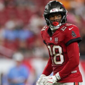 Tampa Bay Buccaneers safety Shilo Sanders (28) looks on during a preseason game against the Tennessee Titans in the fourth quarter at Raymond James Stadium.