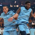 Memphis Grizzlies guard Desmond Bane (22) and forward Jaren Jackson Jr. (13) meet during pregame introductions before the start of the game against the Golden State Warriors at the Chase Center.