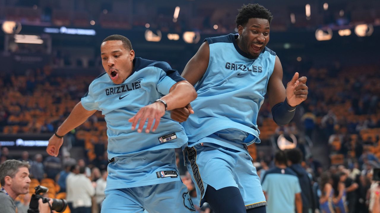 Memphis Grizzlies guard Desmond Bane (22) and forward Jaren Jackson Jr. (13) meet during pregame introductions before the start of the game against the Golden State Warriors at the Chase Center.