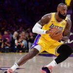 Los Angeles Lakers forward LeBron James (23) controls the ball against the Minnesota Timberwolves during the first half in game five of first round for the 2025 NBA Playoffs at Crypto.com Arena.