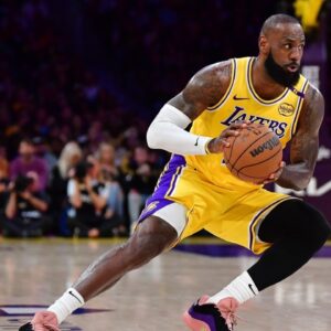 Los Angeles Lakers forward LeBron James (23) controls the ball against the Minnesota Timberwolves during the first half in game five of first round for the 2025 NBA Playoffs at Crypto.com Arena.