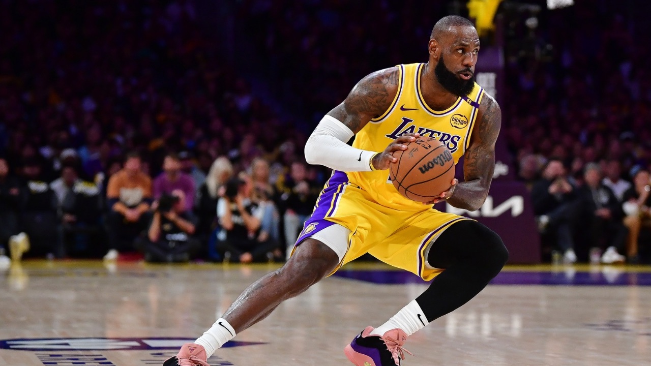 Los Angeles Lakers forward LeBron James (23) controls the ball against the Minnesota Timberwolves during the first half in game five of first round for the 2025 NBA Playoffs at Crypto.com Arena.