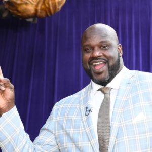 Los Angeles Lakers former center Shaquille O'Neal poses at statue unveiling ceremony at Staples Center.