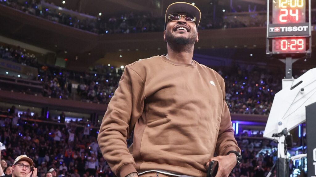 Former NBA forward Carmelo Anthony waves to the crowd during game five of first round for the 2025 NBA Playoffs between the against the Detroit Pistons and the New York Knicks at Madison Square Garden.