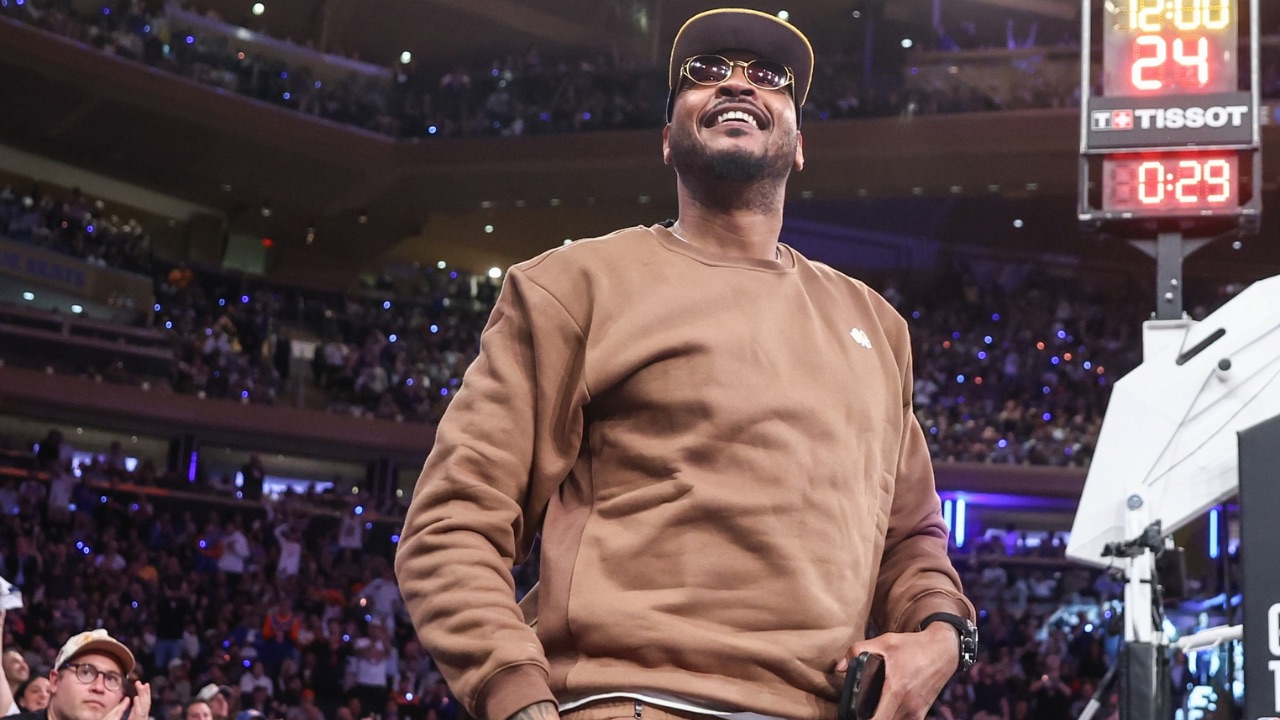 Former NBA forward Carmelo Anthony waves to the crowd during game five of first round for the 2025 NBA Playoffs between the against the Detroit Pistons and the New York Knicks at Madison Square Garden.