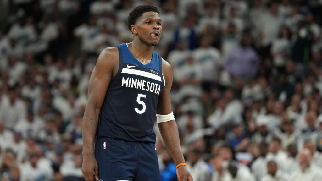 Minnesota Timberwolves guard Anthony Edwards (5) reacts against the Oklahoma City Thunder in the first half during game four of the western conference finals for the 2025 NBA Playoffs at Target Center.