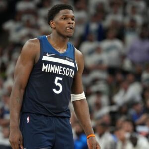 Minnesota Timberwolves guard Anthony Edwards (5) reacts against the Oklahoma City Thunder in the first half during game four of the western conference finals for the 2025 NBA Playoffs at Target Center.