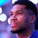 Milwaukee Bucks forward Giannis Antetokounmpo (34) looks on from the bench prior to the game against the Indiana Pacers at Fiserv Forum.