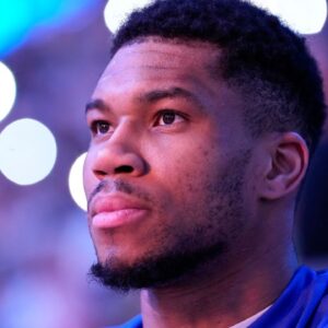 Milwaukee Bucks forward Giannis Antetokounmpo (34) looks on from the bench prior to the game against the Indiana Pacers at Fiserv Forum.