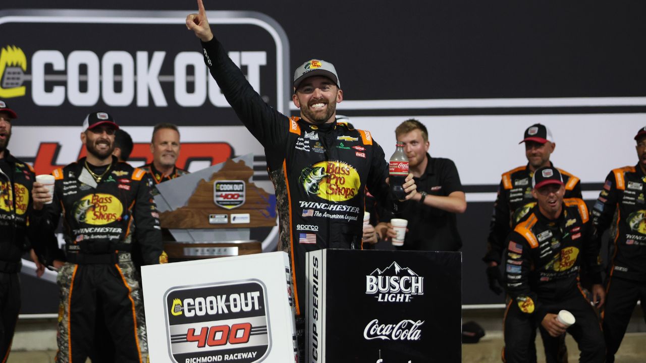 NASCAR Cup Series driver Austin Dillon (3) celebrates in victory lane after winning the Cook Out 400 at Richmond Raceway.
