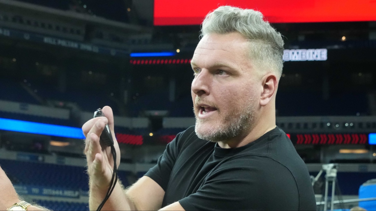 Pat McAfee watches workouts at the 2025 NFL Scouting Combine at Lucas Oil Stadium.