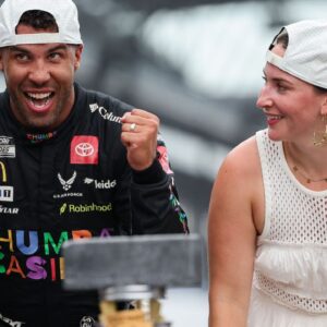 NASCAR Cup Series driver Bubba Wallace (23) celebrates winning Sunday, July 27, 2025, the Brickyard 400 at Indianapolis Motor Speedway.