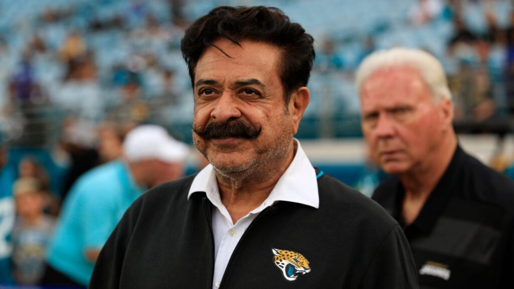 Jacksonville Jaguars owner Shad Khan walks on the field before an NFL preseason matchup at EverBank Stadium, Saturday, Aug. 9, 2025 in Jacksonville, Fla.
