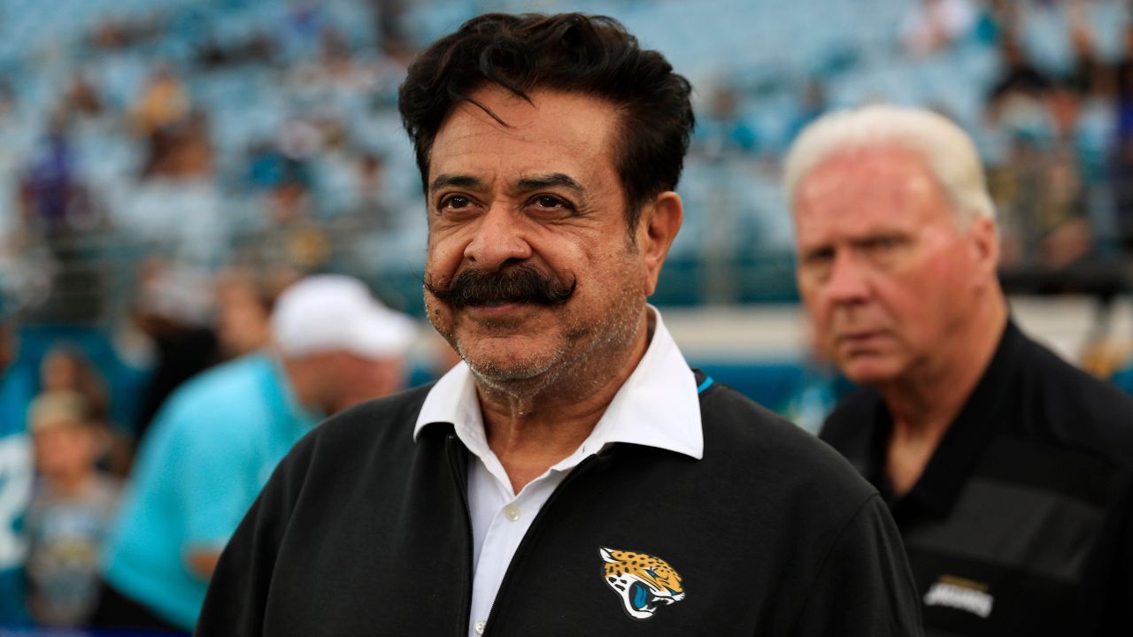 Jacksonville Jaguars owner Shad Khan walks on the field before an NFL preseason matchup at EverBank Stadium, Saturday, Aug. 9, 2025 in Jacksonville, Fla.