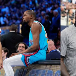 Stephen Curry and Kevin Durant (L) and Shaquille O'Neal (R)