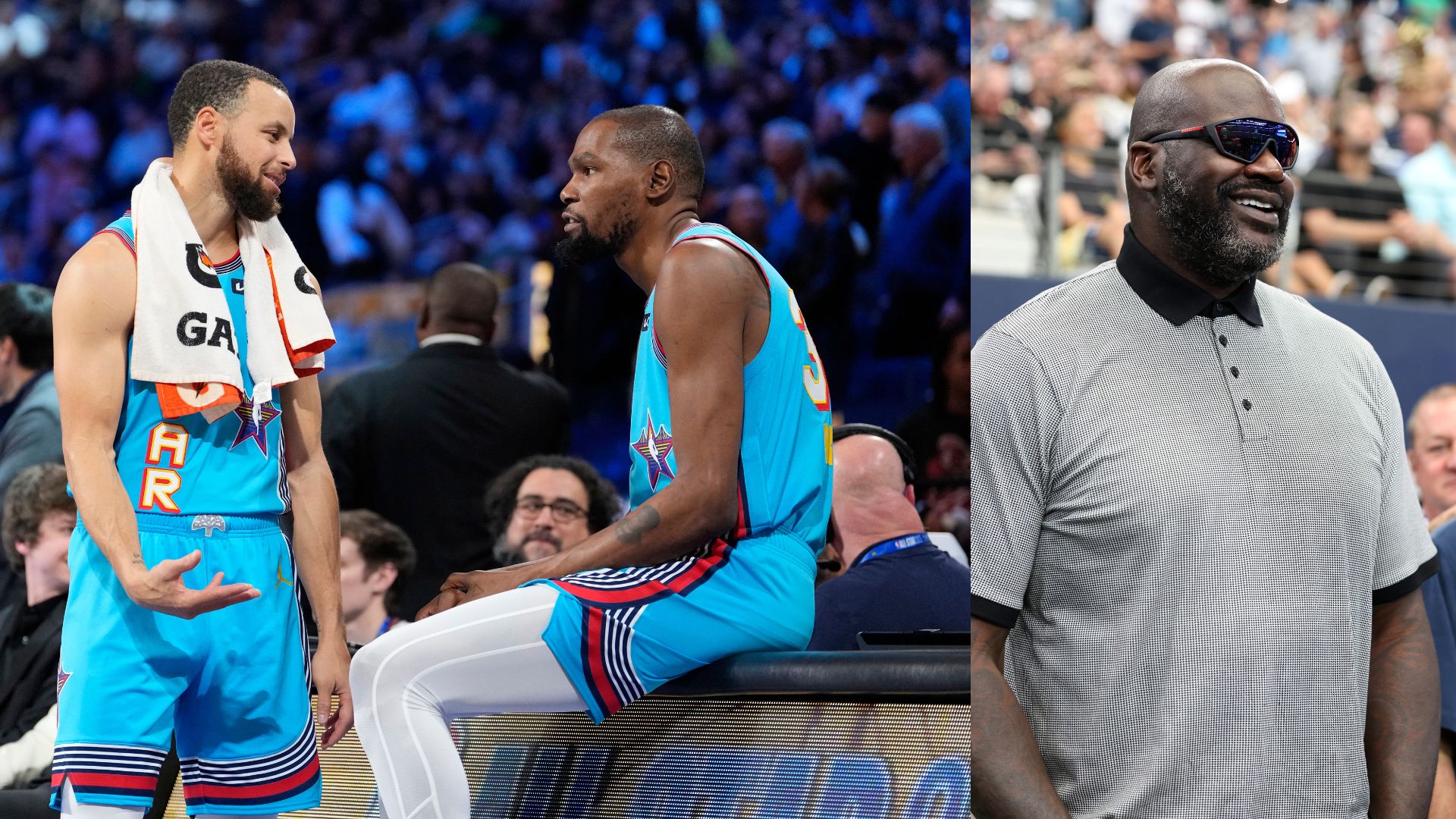 Stephen Curry and Kevin Durant (L) and Shaquille O'Neal (R)