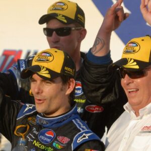 NASCAR Nextel Cup Series driver Jeff Gordon (left) with team owner Rick Hendrick after winning the UAW-Ford 500 at Talladega Superspeedway.