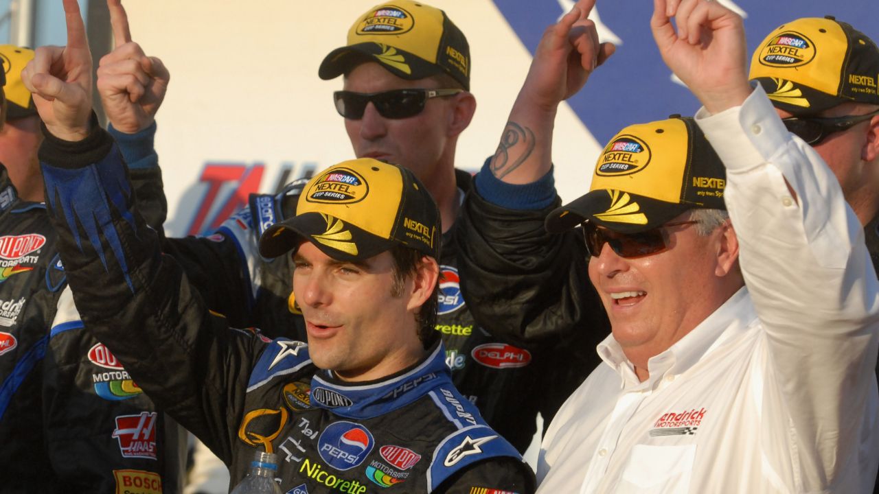 NASCAR Nextel Cup Series driver Jeff Gordon (left) with team owner Rick Hendrick after winning the UAW-Ford 500 at Talladega Superspeedway.