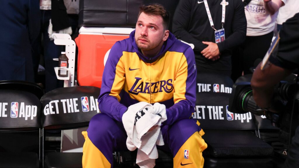 Apr 9, 2025; Dallas, Texas, USA; Los Angeles Lakers guard Luka Doncic (77) reacts while watching a tribute video before the game against the Dallas Mavericks at American Airlines Center.
