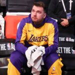 Apr 9, 2025; Dallas, Texas, USA; Los Angeles Lakers guard Luka Doncic (77) reacts while watching a tribute video before the game against the Dallas Mavericks at American Airlines Center.