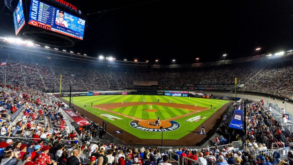 Cincinnati Reds pitcher Chase Burns throws a pitch to Atlanta Braves batter Matt Olson in the MLB Speedway Classic held at Bristol Motor Speedway in Bristol, Tenn., on August 2, 2025.
