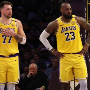 Los Angeles Lakers guard Luka Doncic (77) and forward LeBron James (23) during the second quarter against the Minnesota Timberwolves at Crypto.com Arena.