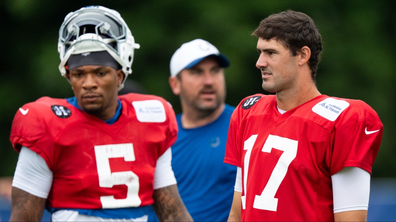 Indianapolis Colts quarterbacks Anthony Richardson Sr. (5), Daniel Jones (17) and Riley Leonard (15) prepare for drills Monday, July 28, 2025, during training camp held at Grand Park in Westfield.
