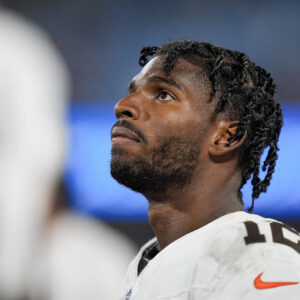 Cleveland Browns quarterback Shedeur Sanders (12) on the sideline during the second half against the Carolina Panthers at Bank of America Stadium.